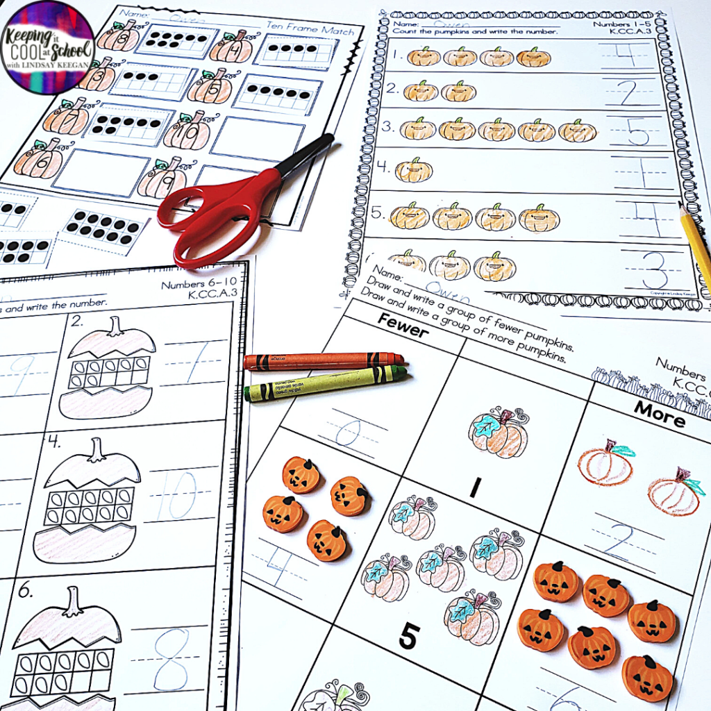 Pumpkin math worksheets for numbers to 10