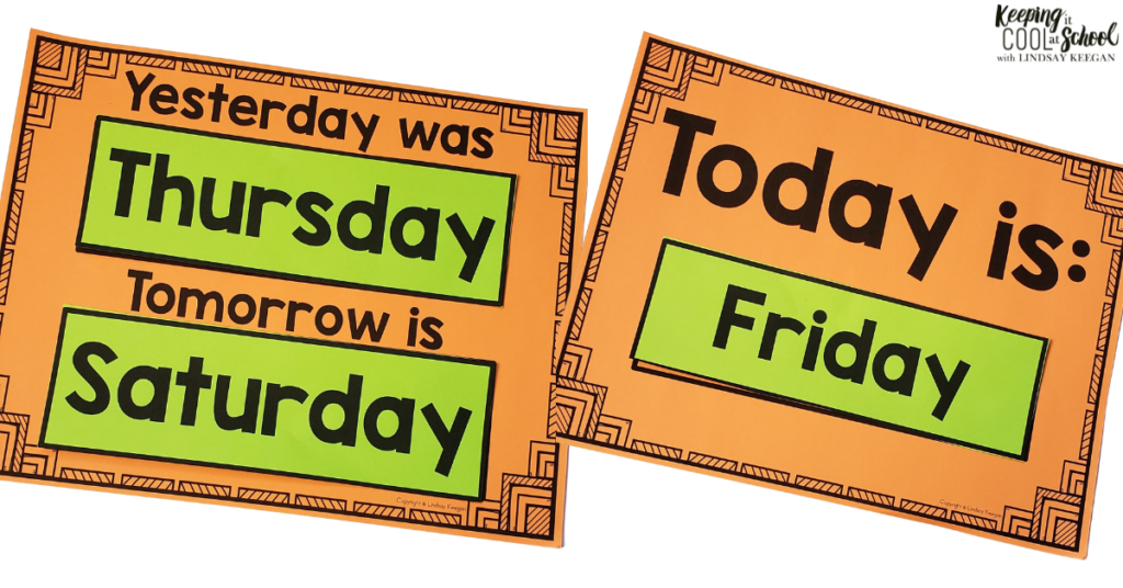Days of the week cards for yesterday, today and tomorrow.