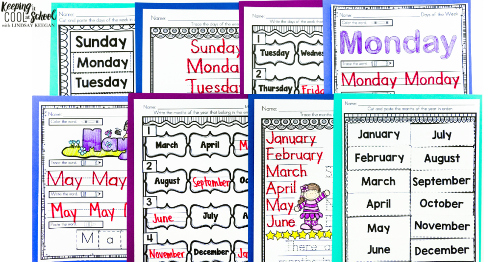 A large variety of worksheets on the days of the week and months of the year.