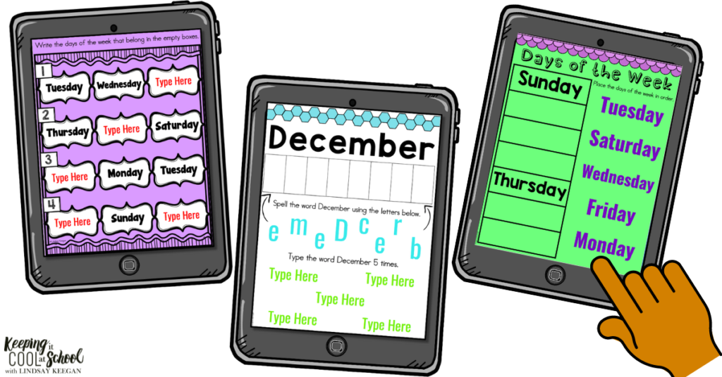Digital worksheets on the days of the week and months of the year.